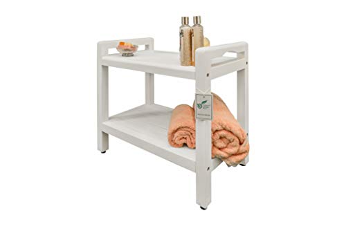 CoastalVogue Eleganto Teak Shower Stool with LiftAid Arms and Shelf, 24 inches, Driftwood - Image 8