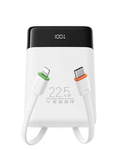 VEGER 10000mAh Power Bank con Cavi Integrati, 22.5W Ricarica Rapida Caricatore Portatile, Sottile Compatto USB C Powerbank LED Display con 4 Uscite e 3 Ingressi Compatibile con iPhone Huawei Xiaomi