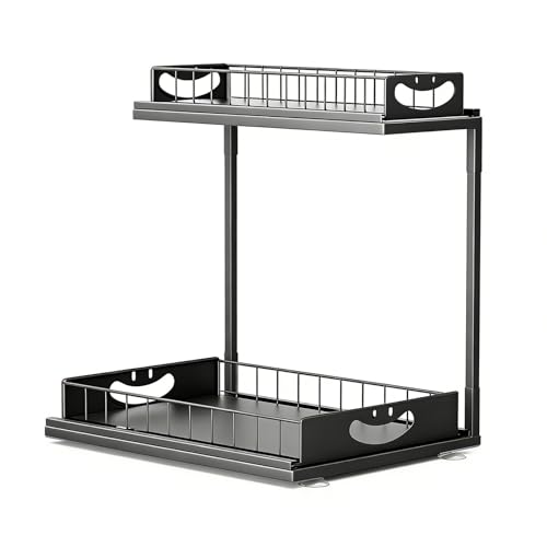 RMNKTHC Organizador metálico extraíble para Armario bajo Fregadero, 2 Niveles, con Dos cajones extraíbles, para Armario Inferior, Cocina y baño (Negro)
