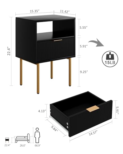 Masupu Nightstand,Mid-Century Modern Bedside Table with Storage Drawer and Open Wood Shelf,Small Gold Frame Side Table for Bedroom,Living Room,Black