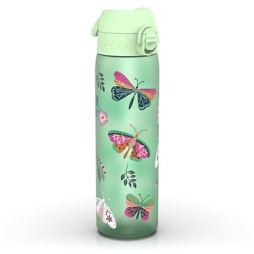 Ion8 Water Bottle, 500 ml/18 oz, Leak Proof, Easy to Open, Secure Lock, Dishwasher Safe, BPA Free, Hygienic Flip Cover, Carry Handle, Easy Clean, Odour Free, Carbon Neutral, Wild Butterfly