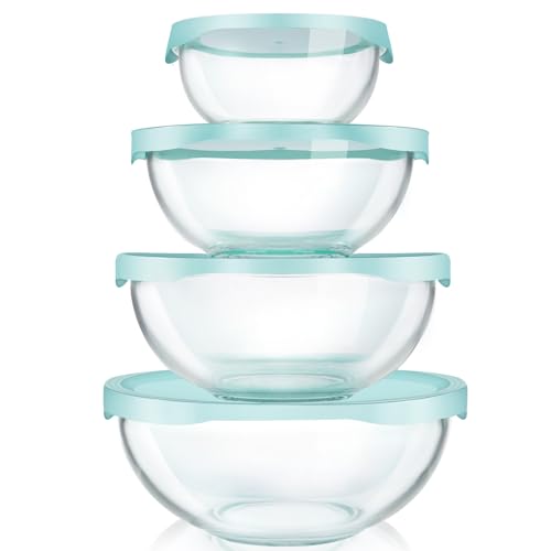 Luvan Borosilicate Clear Glass Mixing Bowls with Lids Set of 4 (0.53qt, 1.1qt, 2.1qt, 3.7qt) , Space Saving Nesting Bowls Large Kitchen Salad Bowls for Meal Preping ,Baking ,Mixing ,Dishwasher Safe