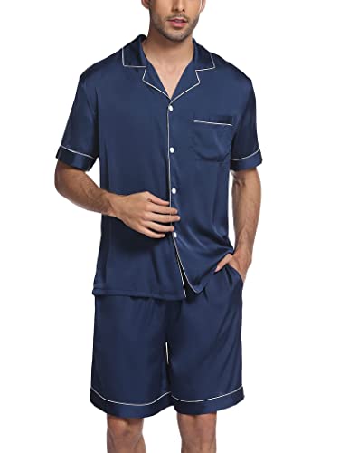 Image of Ekouaer Mens Satin Pajamas Set Button-Down Short Sleeve Shirt Top Soft Silk Sleepwear Shorts with Pockets