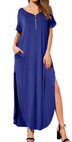 Image of GRECERELLE Women's Summer Maxi Dress Casual Loose V Neck Short Sleeve Side Split Long Dresses with Functional Pockets