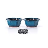 Jinfa Bonsai ceramiczna miska bonsai z otworami drenażowymi | turkusowa | 2 doniczki + 2 kratki drenażowe