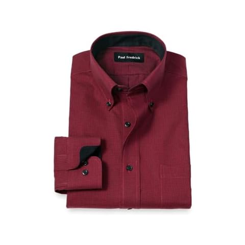 Paul Fredrick Men's Classic Fit Non-Iron Cotton Houndstooth Dress Shirt Black/Red 16.5" Neck 34" Sleeve Cover