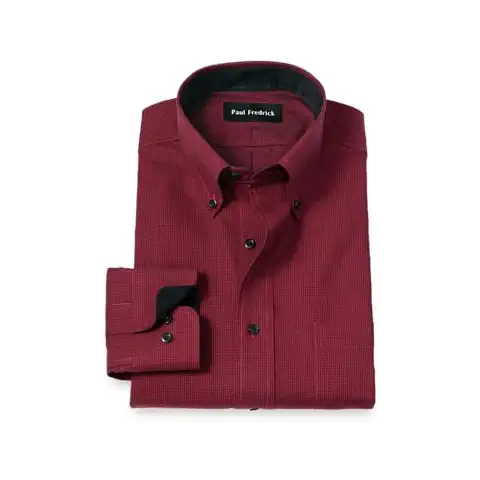 Paul Fredrick Men's Classic Fit Non-Iron Cotton Houndstooth Dress Shirt Black/Red 16.5" Neck 34" Sleeve Cover