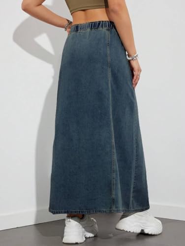 Women Casual Elastic Waist Jeans Long Skirts High Rise A Line Flare Denim Maxi Skirt4
