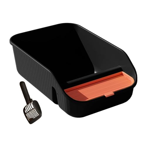 Qialexicon 室内猫用猫用トイレ フレーム付き お手入れ簡単 高めの側面 高さのある飛び散り防止 スコップ付き オープントップ 子猫 ウサギ, 黒