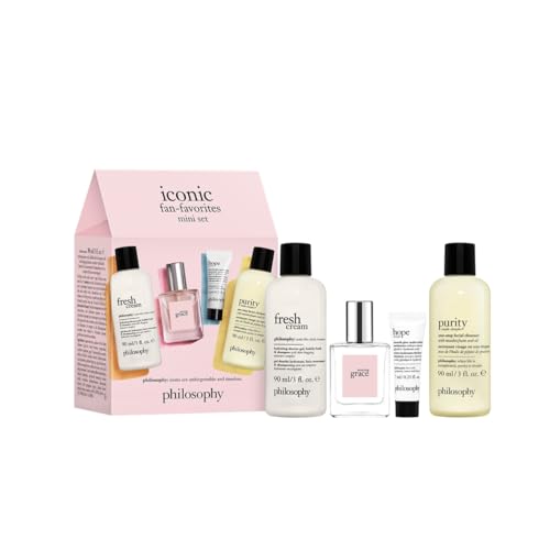 philosophy fan favorites 4-piece gift set ($52 value) - 3 oz purity cleanser 3 oz fresh cream shower gel 0.5 oz amazing grace edt 0.23 oz hope in a jar moisturizer