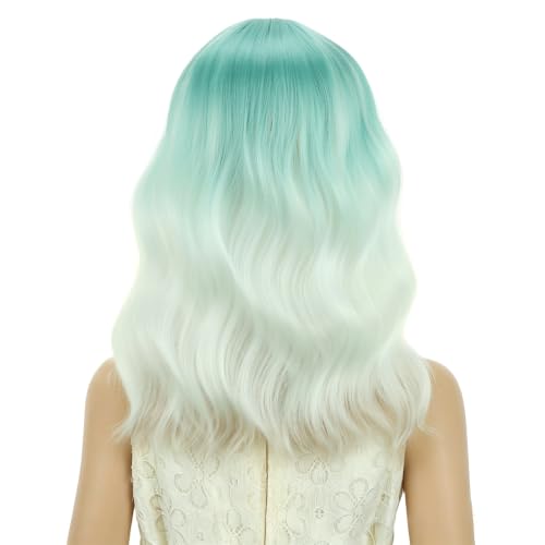 Image of PATTNIUM Girls Mint Green Ombre White Wig with Bangs Kids Short Wavy Curly Mint Green Ombre Bob Wigs Synthetic Halloween Costume Cosplay Party Wigs