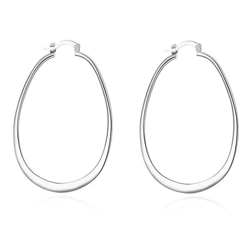 Comelyjewel Womens 925 Sterling Silver Elegant Oval Shaped Extra Large Hoop Earrings | Sterling Silver Hoop Earrings Oval, Polished Earrings For Women,Girls' Gifts (Silver)