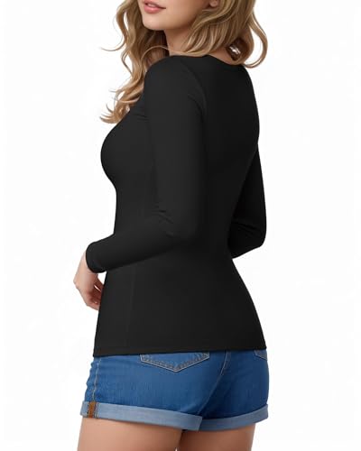 MANGOPOP Crew Neck Long Sleeve T Shirts for Women Fitted Shirts Tight Neck T Shirts Basic Tee Tops3