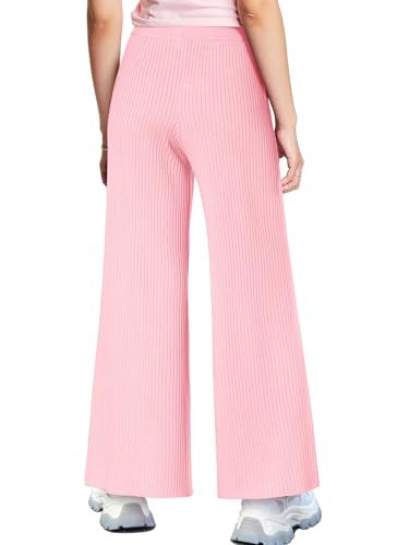 Image of Haloumoning Girls Solid Rib Knit Wide Leg Pants Elastic Waist Flowy Casual Sweater Pants 5-14 Years