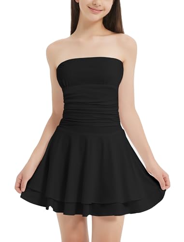 EXARUS Girls Dress Padded Long Sleeve/Strapless Ruffle Hem Teen Flowy Ruched A-Line Mini Dresses Dance Party Formal 8-14