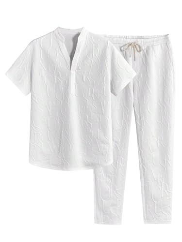 GORGLITTER Men's 2 Piece Outfits Textured Short Sleeve T Shirt and Pants Sets Old Money Clothes