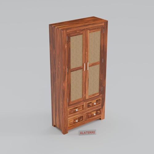 Image of Wooden Storage Cabinet with Cane Doors & Drawers | Tall Solid Wood Wardrobe Cabinet with 2 Doors & 4 Drawers (Honey Finish)