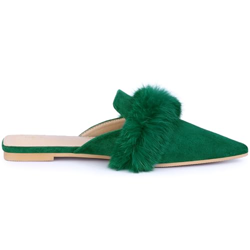 Allegra K Allegra K Women's Pointed Toe Faux Fur Slip on Flat Slide Green Mules 8 M US