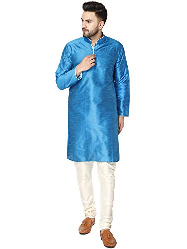 SKAVIJ Mens Indian Kurta Pajama Set Art Silk Evening Attire Casual Trendy Regular Fit Outfit (X-Large, Turquoise)