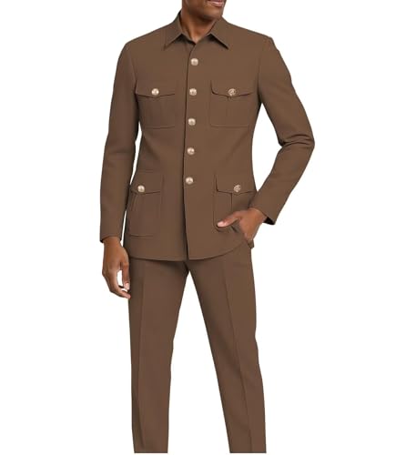 Mens 2 Piece Safari Suits Stand Collar Formal Suit Regular Fit Suit Jacket Multi Pocket Blazer Pants Set for Men4