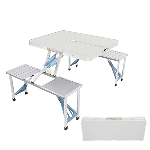Outvita Mesa de picnic portátil con asientos, juego de mesa de comedor plegable de una pieza con agujero para maleta, paraguas para barbacoa, reuniones, viajes, fiestas, playa, patio