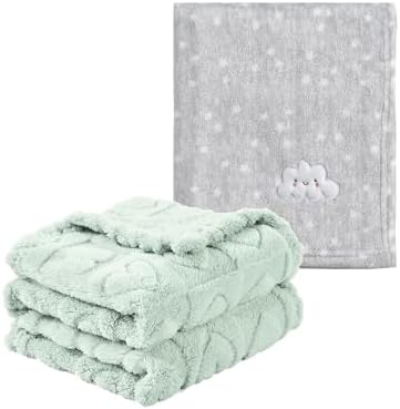 CREVENT 2 x 75 cm x 100 cm, niedliche, gemütliche, Flauschige, warme Babydecken für Säuglinge, Kleinkinder, Bettwäsche, Kinderbett, Kinderwagen – graue Wolke + grünes Sherpa