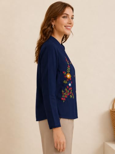Image of RIEKA Womens Off White Cotton Shirt with Multicolour Floral Embroidery Button Down Mandarin Collar Relaxed Fit Casual Wear Top