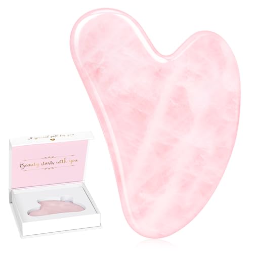 Alyvisun Gua Sha Facial de Cuarzo Rosa Natural, Piedra GuaSha para Cara, Cuello y Cuerpo, Alivio de Hinchazón y Mejora de la Línea de la Mandíbula, con Manual de Usuario, Regalo para Mujeres