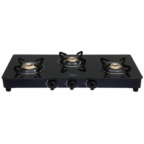 Elica Vetro 3 Burner Auto Ignition Gas Stove | 773 CT VETRO BLK AI | Brass Burners | Toughened Glass Top | Euro Coated Pan Support | 7-Year Glass Warranty | Black