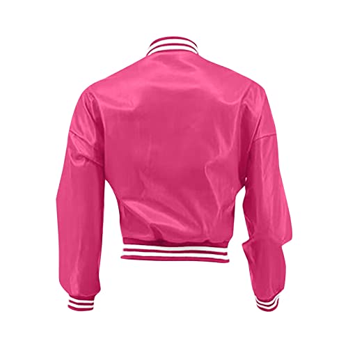 Zoojinfar Womens Fashion Faux Leather Baseball Bomber Jackets Varsity Button Down Cropped Shacket Moto Pu Short Coats Hot Pink #TOP2