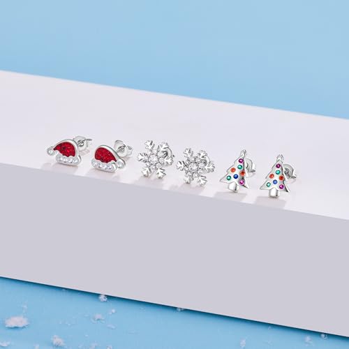 MACACHII 3 Pairs Christmas Earrings 925 Sterling Silver Xmas Stud Earrings Set for Women,Hypoallergenic Sparkly Snowflake Tree Santa Hat Earrings, Festive Holiday Jewellery Gifts for Girls - Image 4