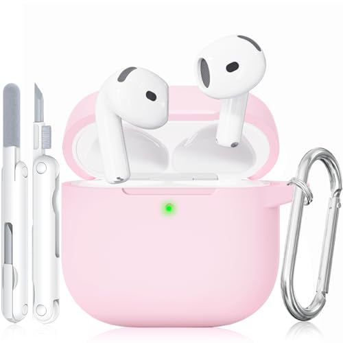 for AirPods 4 Case, TNSNK Soft Silicone Airpod 4 Case with Cleaner Kit and Keychain, Pink Case Cover for Women Girly Compatible with Apple Airpods 4th Gen 2024, Anti-Scratch, Drop Protection