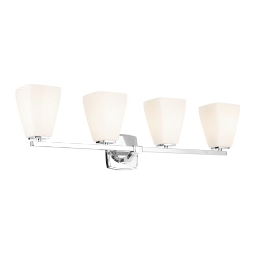 Image of Kichler Marant 4-Light Bathroom Vanity Light Fixture with Opal Glass, Modern Chrome Wall Mount Over Mirror for Powder Room (33.25 in x 9.5 in x 6.75 in), 55217CH