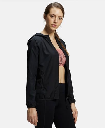 Image of Jockey MW50 Women's Microfiber Fabric Relaxed Fit Raglan Styled Water Resistant Hoodie Jacket with Stay Dry Treatment