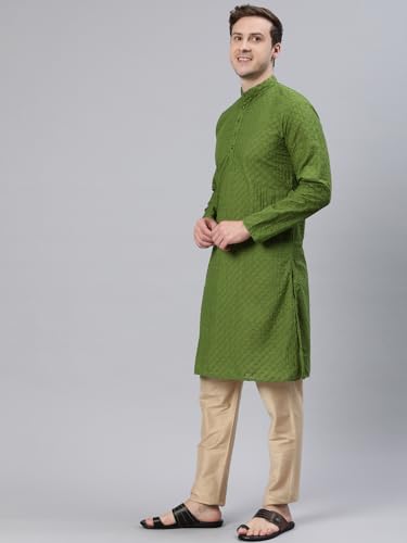 Image of Majestic Man Men's Cotton Blend Regular Fit Casual Polyester Mandarin Collar Ethnic Motifs Embroidered Long Regular Kurta