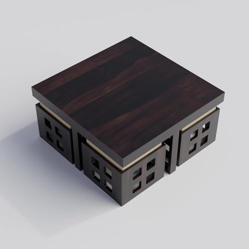 Image of Solid Sheesham Wood Coffee Table with 4 Stool | Center Table with 4 Stools for Living Room | Rosewood Teapoy Table with Cushioned Stool (Square,Walnut Finish)