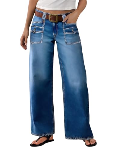 Flamingals Straight Leg Jeans for Women Mid Rise Baggy Flap Pockets Wash Denim Pants Without Belt