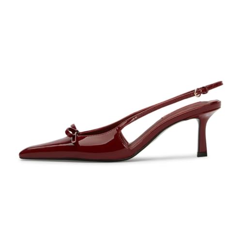 Mattiventon Burgundy Kitten Heels for Women Slingback Heels Bow Ankle Strap Pointed Toe Heel Sexy Wedding Dress Party Pumps