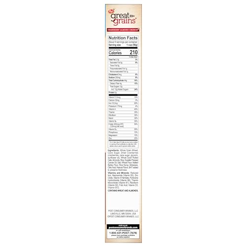 Great Grains Cranberry Almond Crunch Cereal, Cereal with Dried Cranberries and Almonds, Non-GMO Project Verified, 17 OZ Box