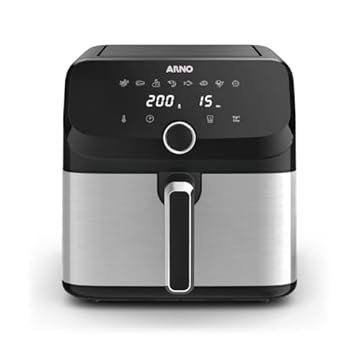 Fritadeira Sem Óleo Arno Air Fryer Mega Digital AFD7, 7,5L, Inox e Preta, Painel Touch, 8 Funções, Antiaderente, 1700W, 220V