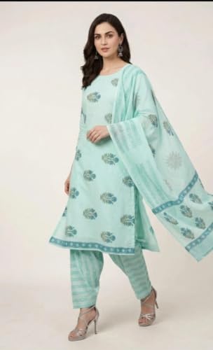 Image of Eddika women unstitched hand block printed cotton suit set with mulmul dupatta ehbpcswmd0120P