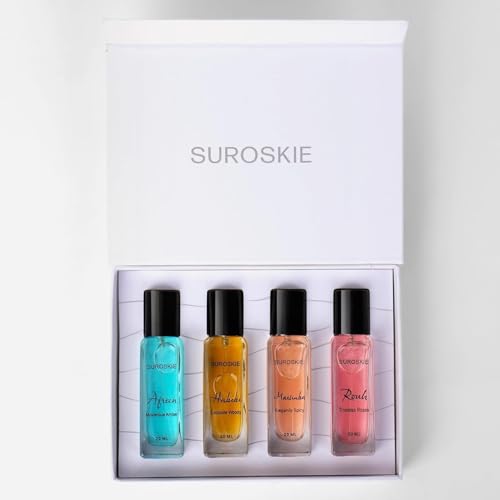 Image of Suroskie Unisex Perfume Gift Set For Men & Women (4 X 20Ml) | Luxury Eau De Parfum | Long Lasting & Pocket Freindly | Aromatic Blend Of Aqua, Saffron, Cinnamon | Citrus, Floral & Woody Notes Fragrance
