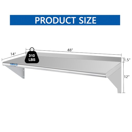 Image of HARDURA Stainless Steel Shelf 14 inch x 48 inch, 310lb Commercial Shelves Wall Mount Metal Shelving with Backsplash and Brackets for Kitchen, Restaurant, Laundry Room and Home
