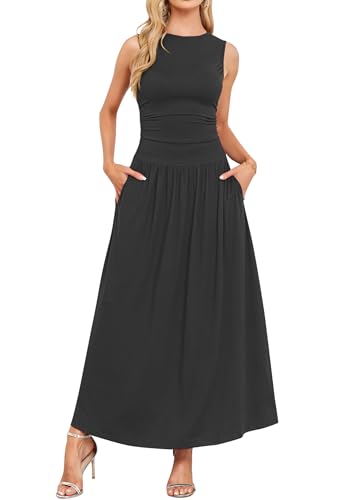 AUSELILY Womens Maxi Dress 2025 Summer Sleeveless Casual Slim Flowy Pleated Long Dresses with Pockets
