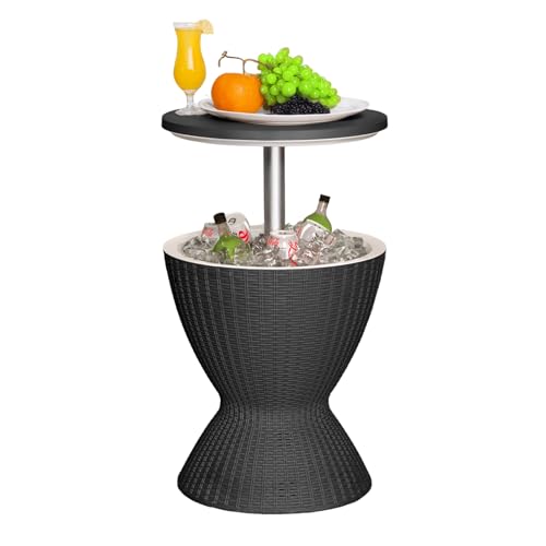 EasyUp Outdoor Cooler Bar Table – 8 Gallon Outdoor Patio Cooler Table with Drain Plug, Adjustable Height Rattan-Style Resin Cool Bar for Poolside, Deck, BBQ & Parties (Black)