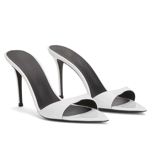SIYAKE Women'S Leather Pointed Open Toe Stiletto Sandals Fashionable Slip-On High Heel Dress Mule Sandals Office Party Formal Slingback Pumps (White,8.5)