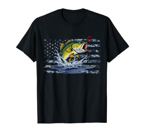 Pesca Retro Bandera Americana de Estados Unidos Bass Fish Fisherman Camo Bass Camiseta