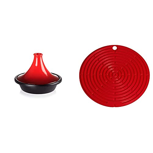 LE CREUSET Tagine with Cast Iron Base and Stoneware Funnel Lid, For All Hob Types, 27cm base, 2.3 Litre, Cerise, 251382706 & Silicone Cool Tool, Surface Protector, Pot Holder,Jar Opener,20.5 cm,Cerise