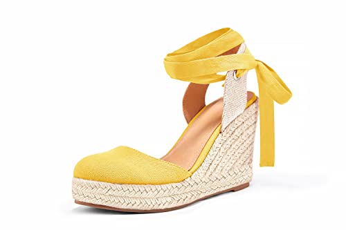 Nailyhome Sandalias de cuña para mujer con puntera cerrada, con cordones, plataforma y puntera cerrada, con cordones, para tobillo, Amarillo, 43 EU