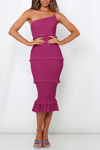 Image of PRETTYGARDEN Women's Summer Midi Bodycon Dresses One Shoulder Strappy Tiered Ruffle Floral Boho Sun Dress